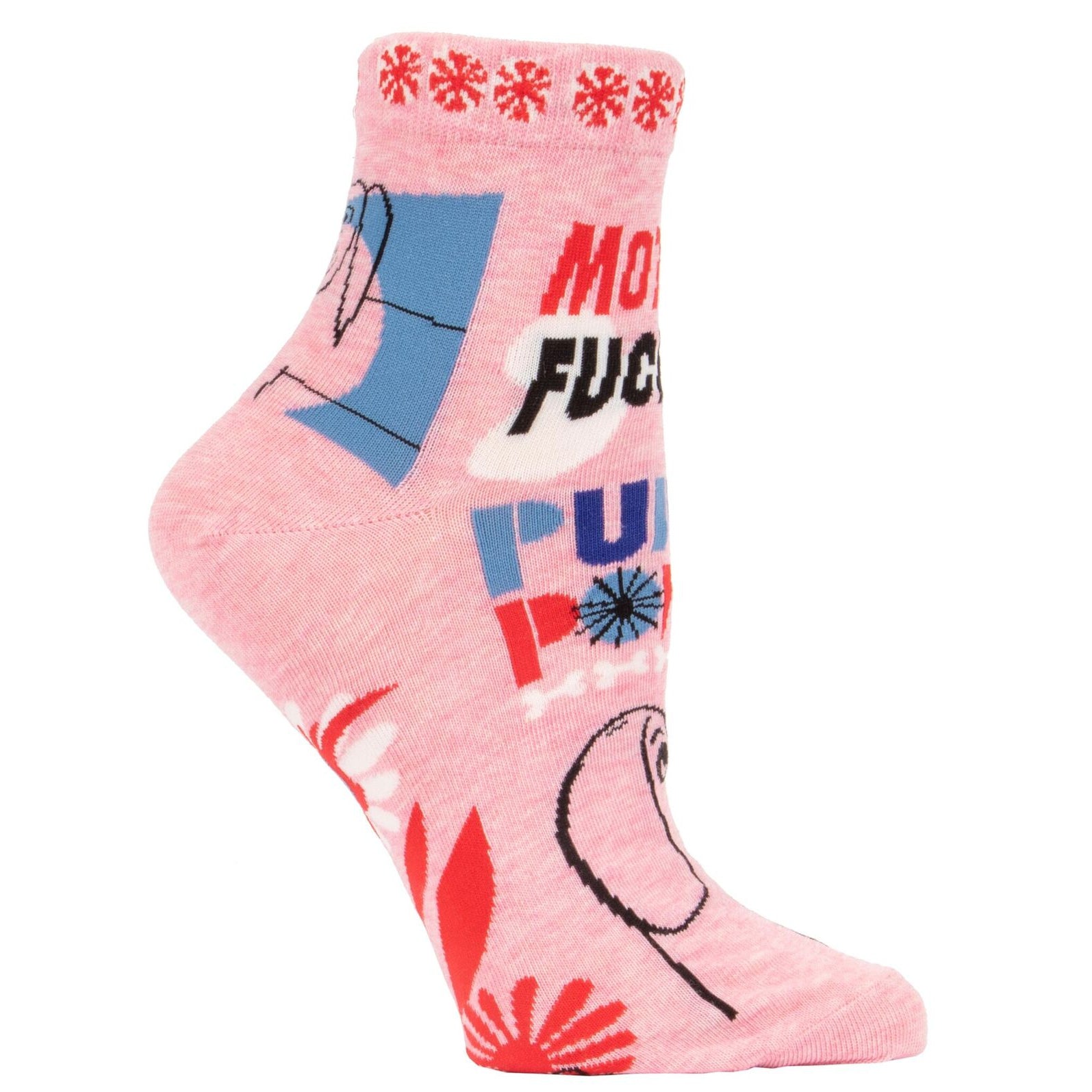 BlueQ Mother Fucking Puppy Power women's ankle socks featuring a pink dog design and humorous text.