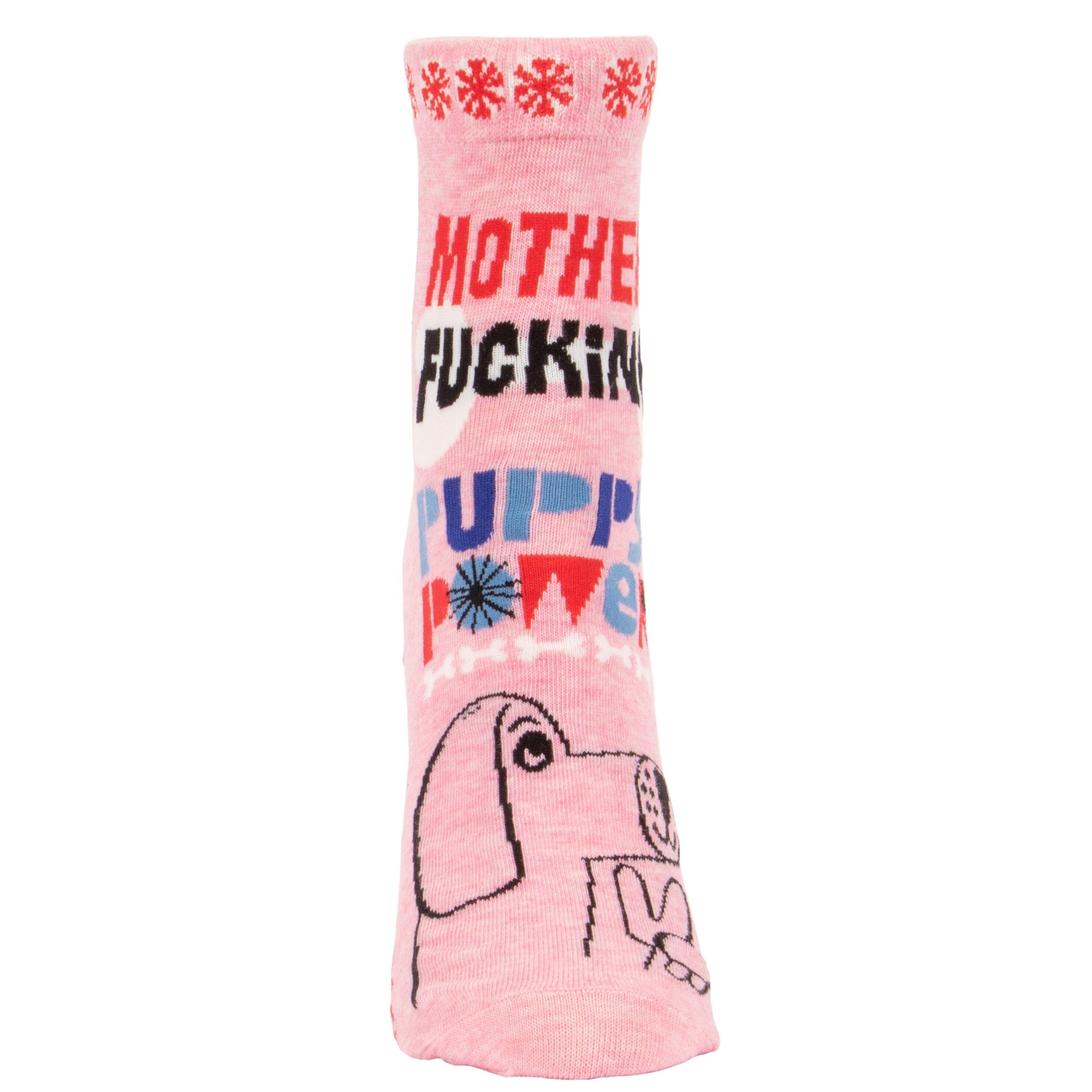 BlueQ Mother Fucking Puppy Power women's ankle socks featuring a pink dog design and humorous text.