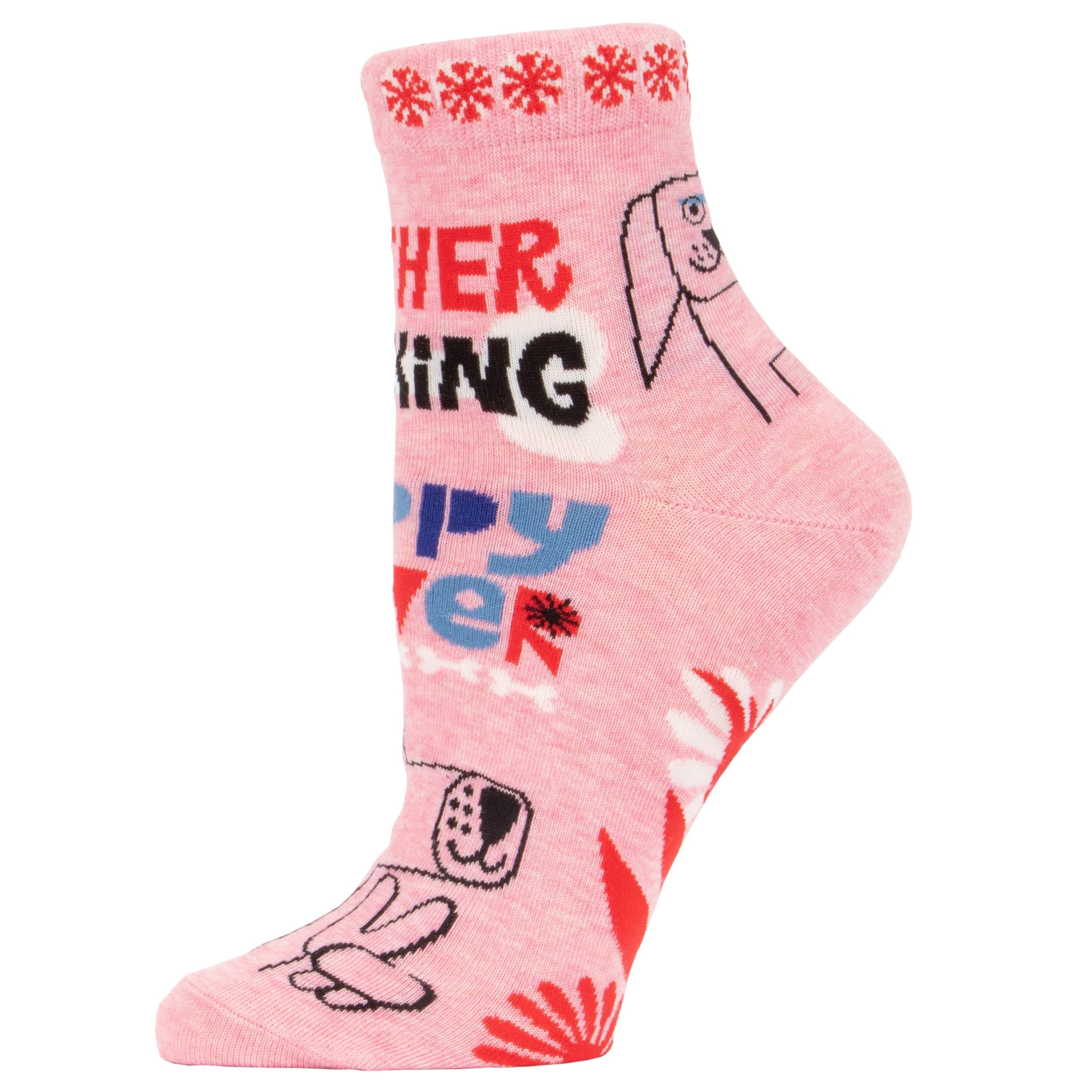 BlueQ Mother Fucking Puppy Power women's ankle socks featuring a pink dog design and humorous text.