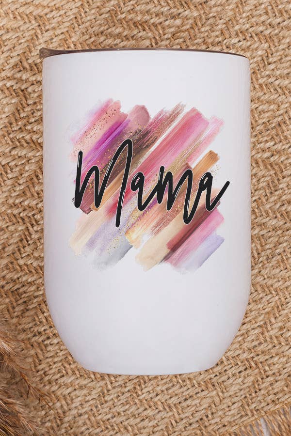 A vibrant pink stainless steel wine tumbler with 'Blessed Mama' design, featuring a lid and plastic straw.
