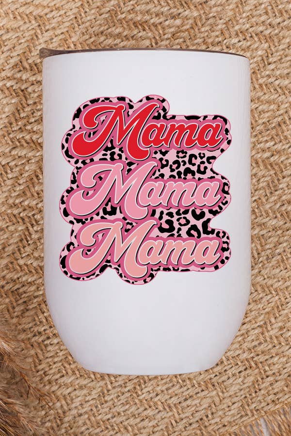 Stylish 12 oz stainless steel wine tumbler with pink leopard print design, perfect for Mother's Day gifts.