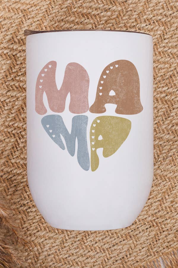 A stylish 12 oz stainless steel wine tumbler with a soft colored heart design, perfect for Mother's Day gifts.