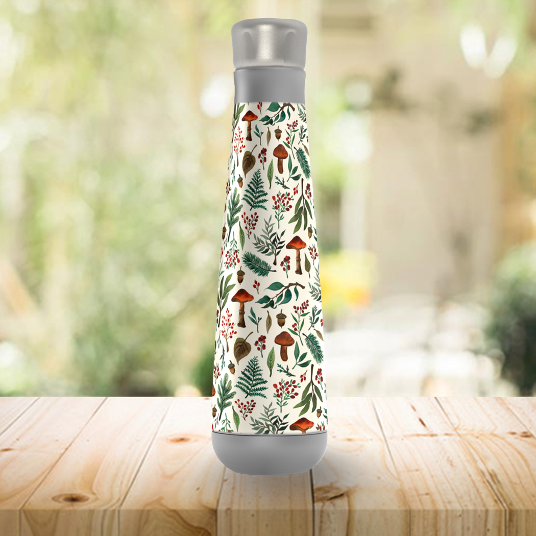 Mushroom Forest Peristyle Water Bottle in stainless steel with a unique design, showcasing its vacuum insulation and stylish appearance.