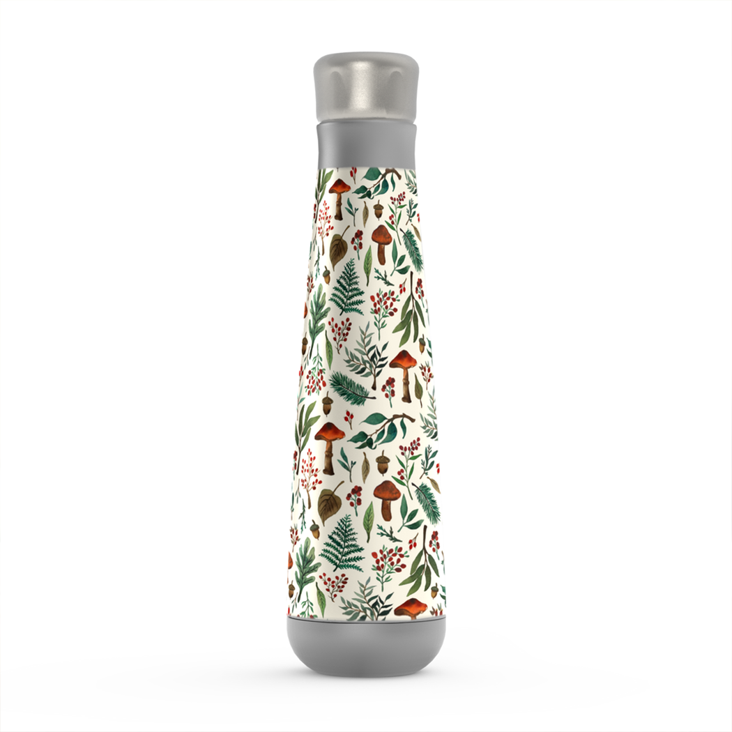 Mushroom Forest Peristyle Water Bottle in stainless steel with a unique design, showcasing its vacuum insulation and stylish appearance.