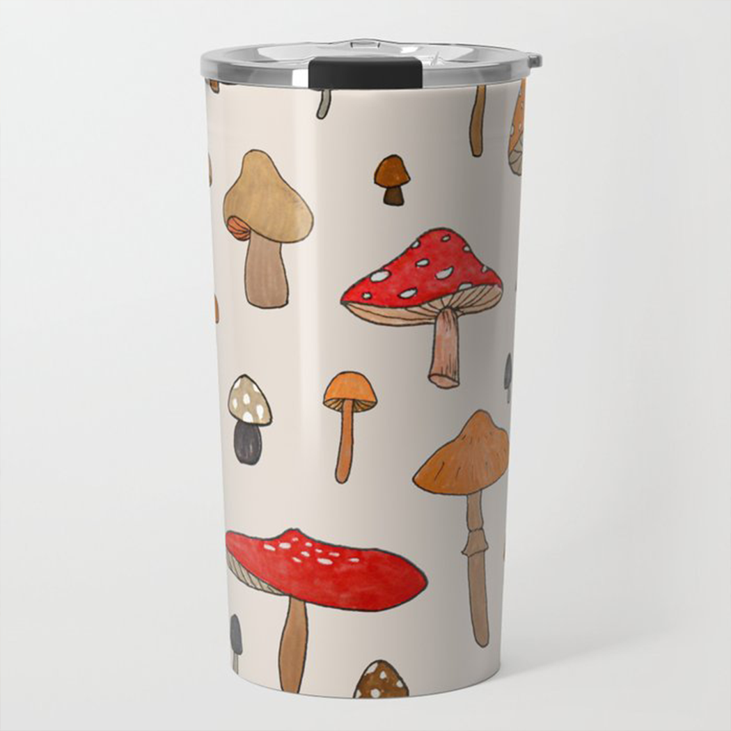 A stylish Mushroom Travel Mug made of stainless steel with a vibrant wraparound design, perfect for hot and cold beverages.