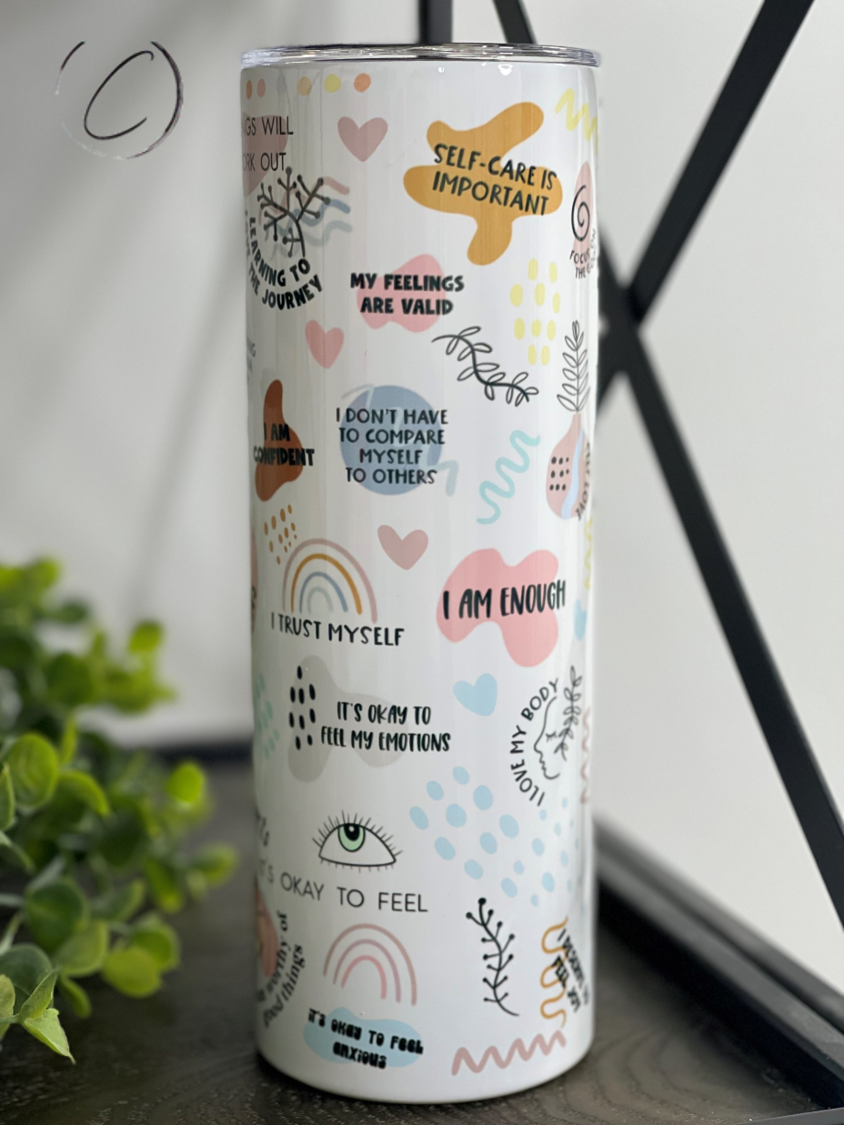 My Daily Affirmations 20oz Skinny Tumbler with motivational design, reusable straw, and durable construction.