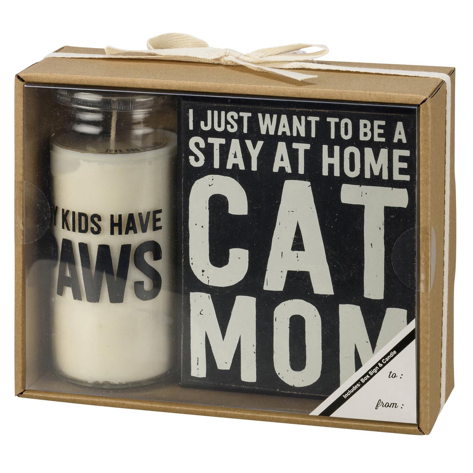 My Kids Have Paws Cat Mom Box Sign and Candle Giftable Set featuring a wooden sign and a soy wax candle in a glass container.