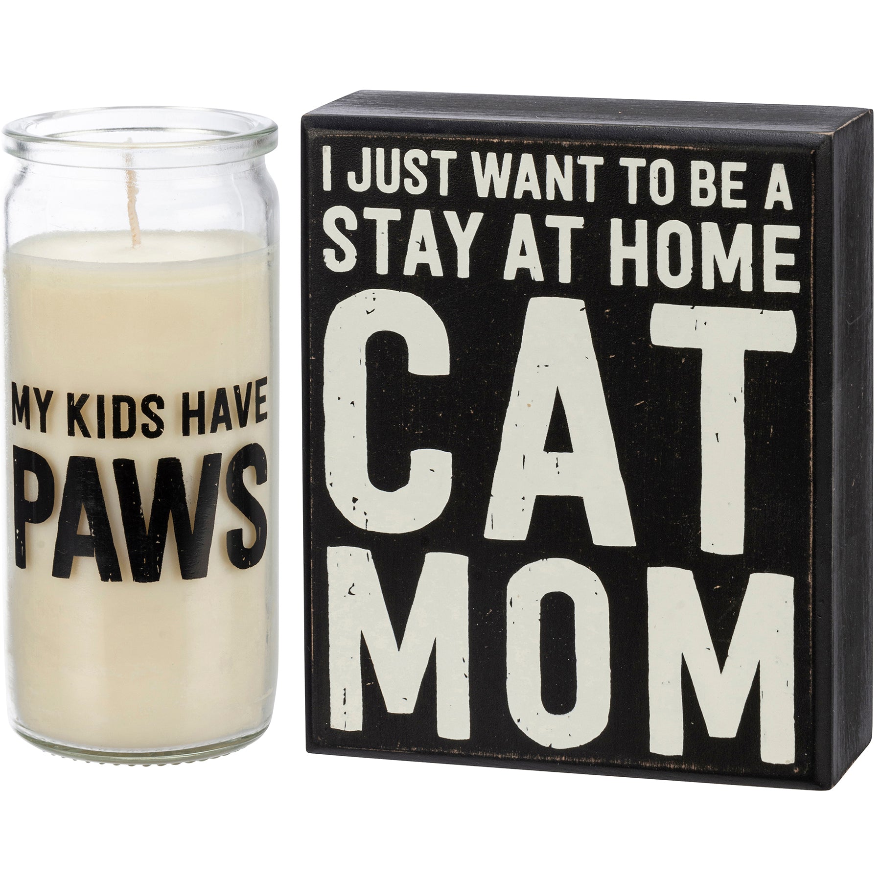 My Kids Have Paws Cat Mom Box Sign and Candle Giftable Set featuring a wooden sign and a soy wax candle in a glass container.