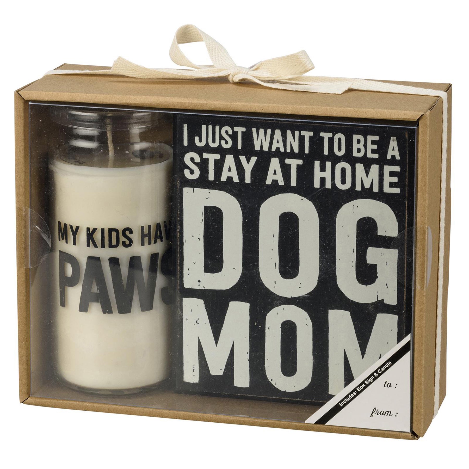 My Kids Have Paws Dog Mom Box Sign and Candle Giftable Set featuring a wooden sign and a soy wax candle in a glass container.