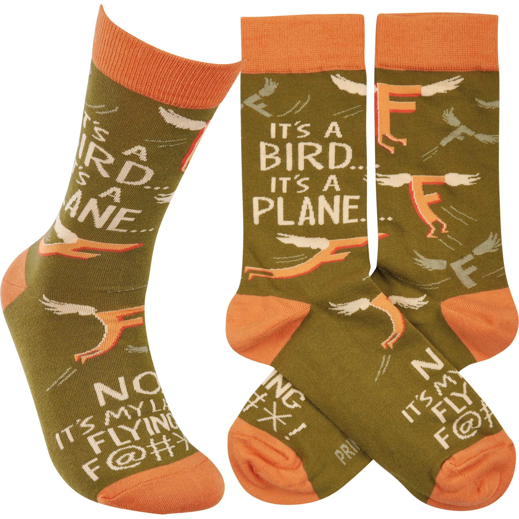 Colorful novelty socks featuring hand-illustrated designs of the letter F with wings and a humorous sentiment.