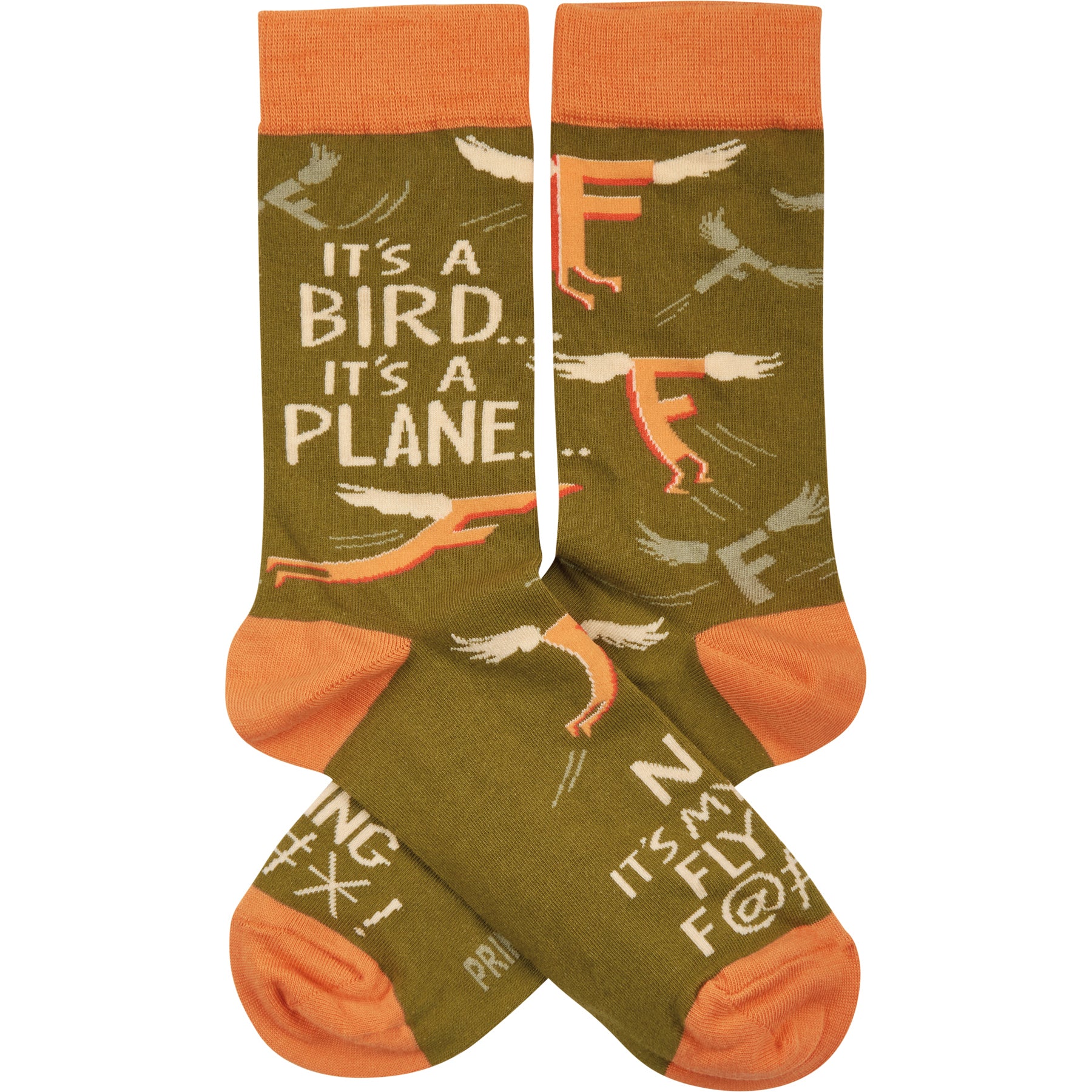Colorful novelty socks featuring hand-illustrated designs of the letter F with wings and a humorous sentiment.