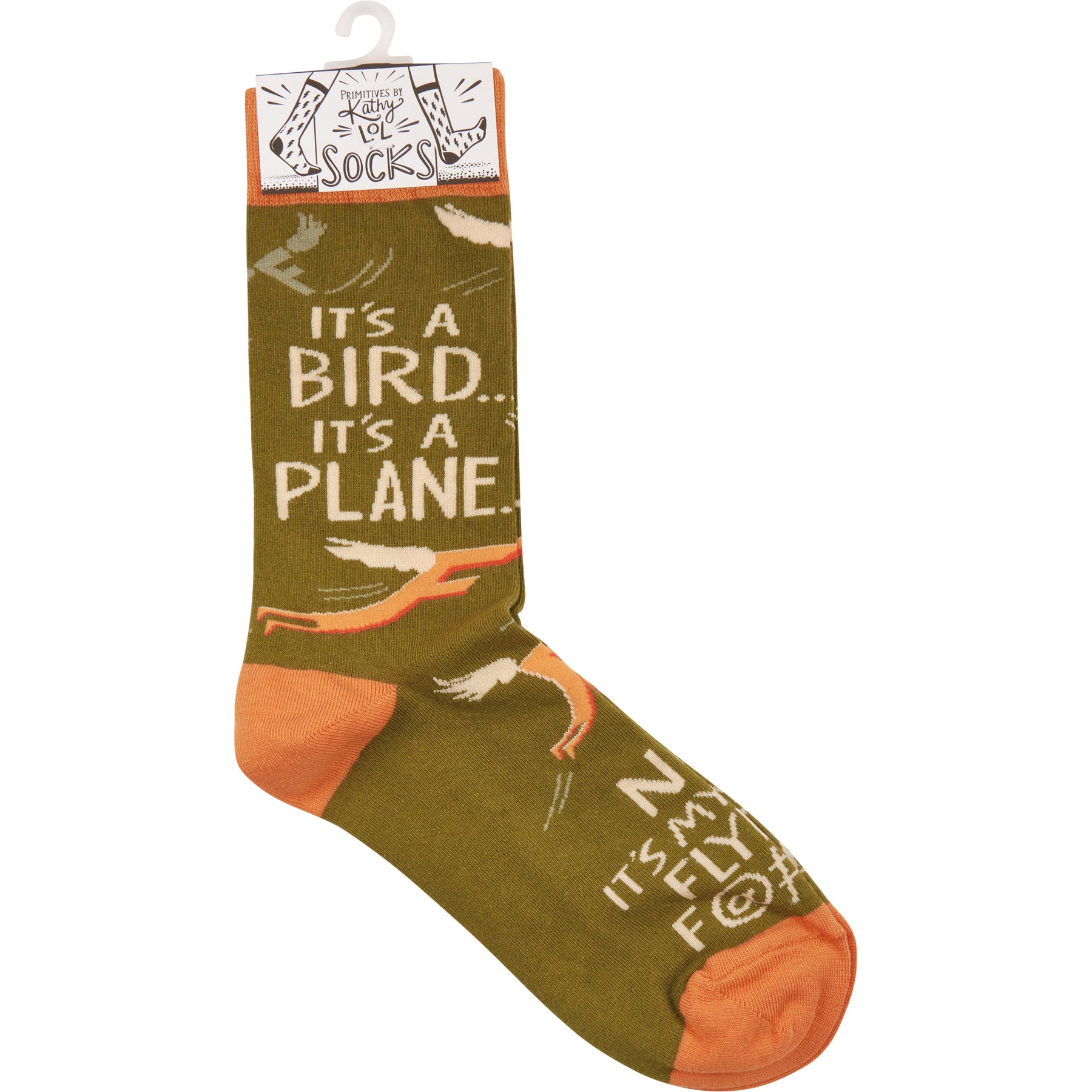 Colorful novelty socks featuring hand-illustrated designs of the letter F with wings and a humorous sentiment.