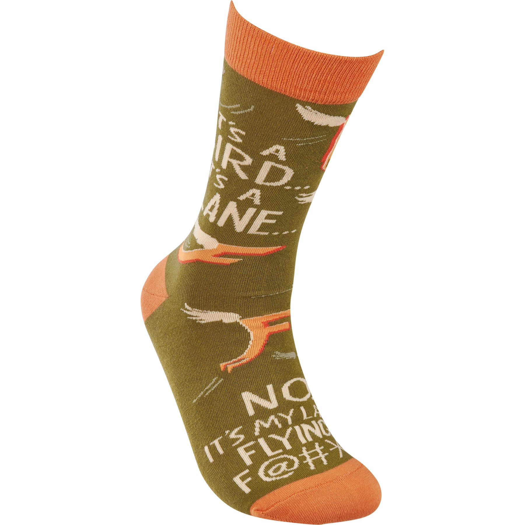 Colorful novelty socks featuring hand-illustrated designs of the letter F with wings and a humorous sentiment.