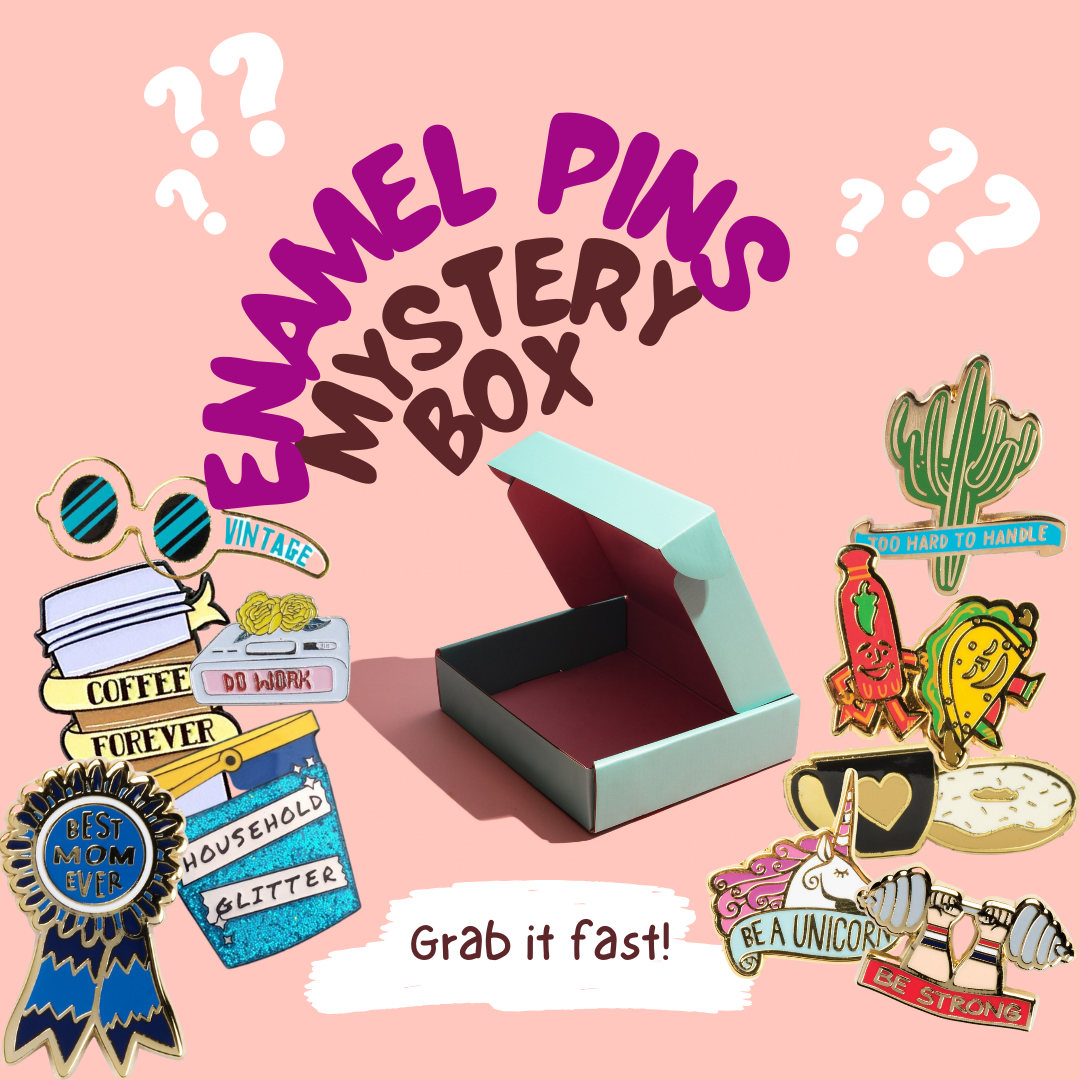 A colorful assortment of 20 mystery enamel pins displayed on a sturdy hanging banner, showcasing various designs and brands.