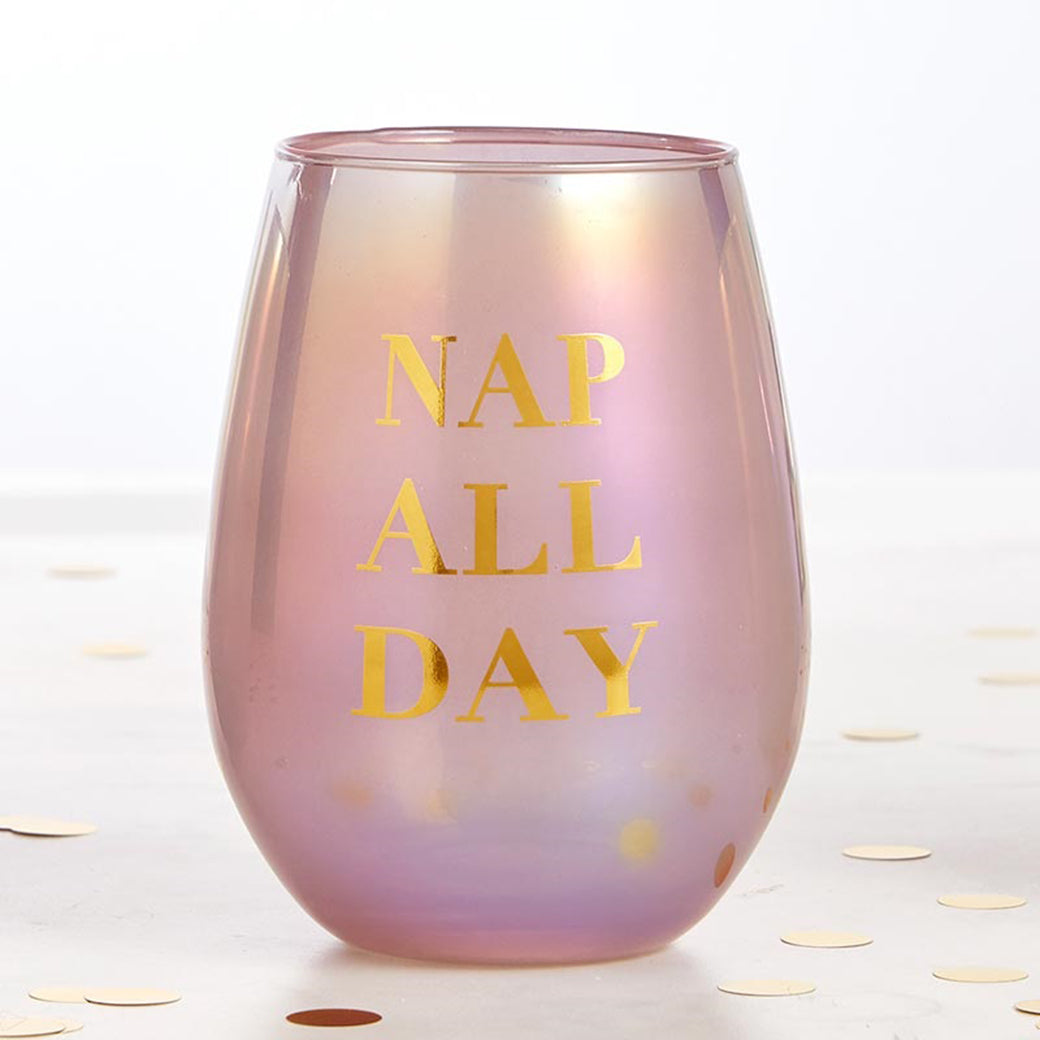 Iridescent pink stemless wine glass with gold 'Nap All Day' lettering, perfect for stylish sipping.