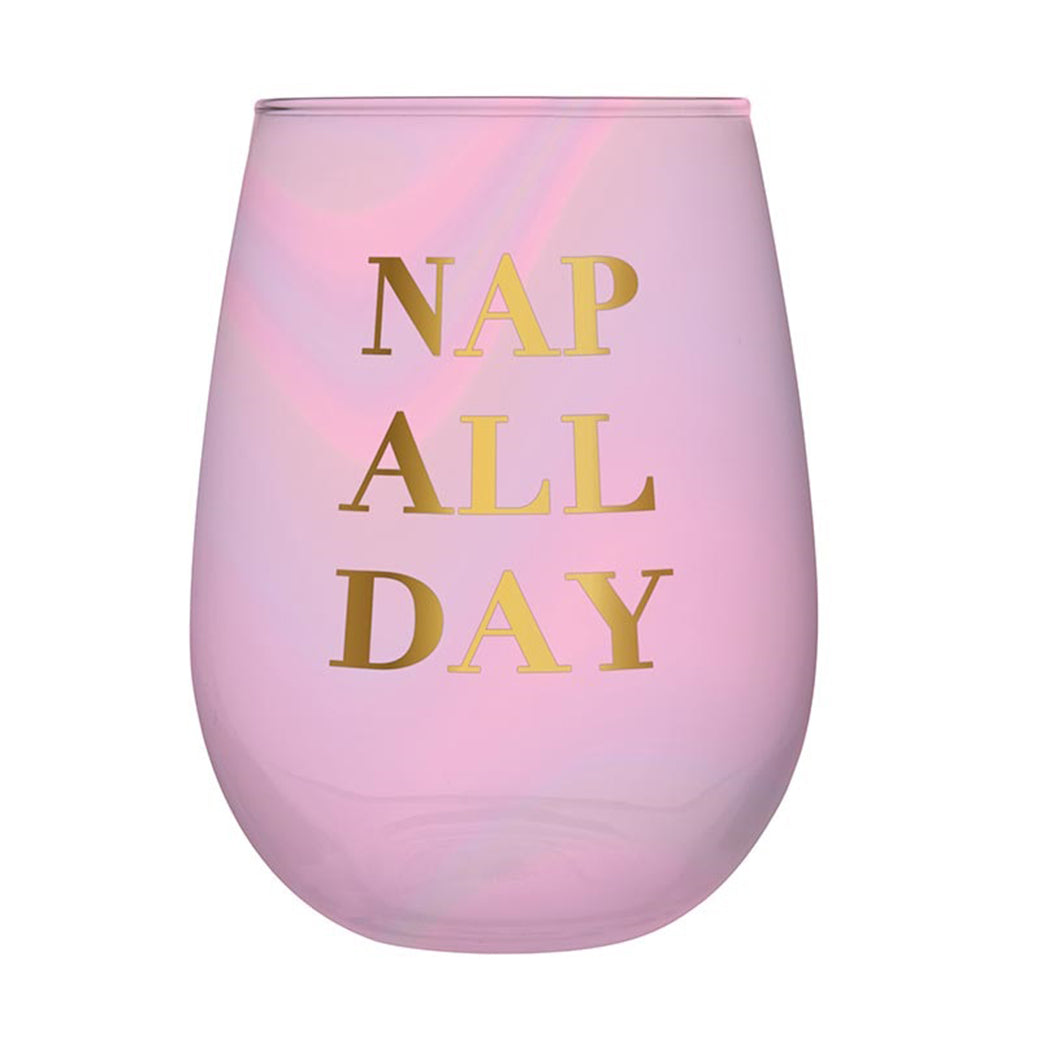 Iridescent pink stemless wine glass with gold 'Nap All Day' lettering, perfect for stylish sipping.