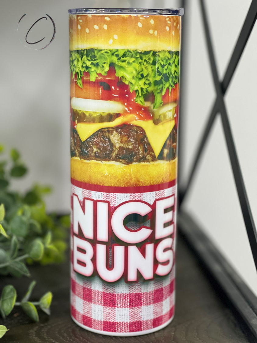 Nice Buns 20oz Skinny Tumbler with full wrap design and reusable straw, perfect for stylish hydration.