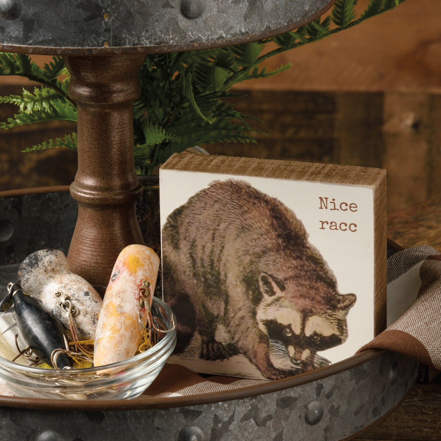 Nice Racc Wooden Block Sign featuring a playful raccoon design and punny sentiment, crafted from natural wood.