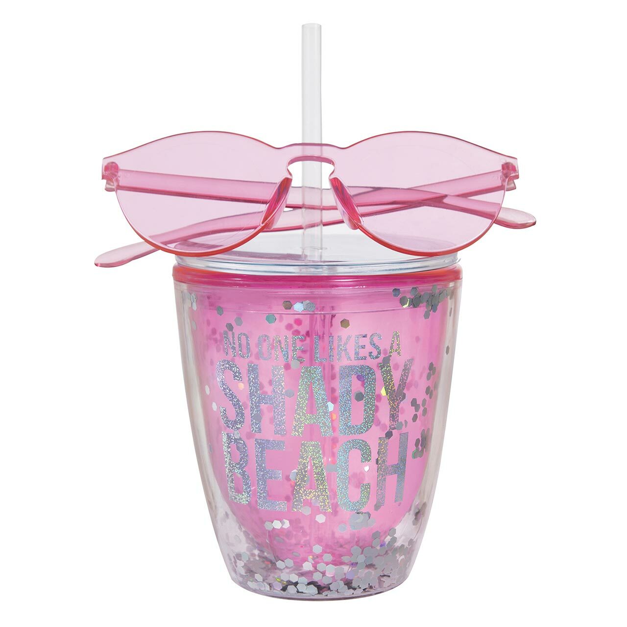 No One Likes A Shady Beach tumbler and sunglasses gift set featuring a pink tumbler with silver lettering and confetti, alongside stylish sunglasses.