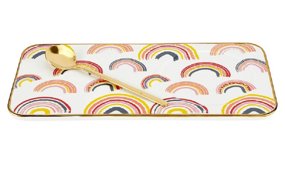 No Storm, No Rainbow Mug, Tray, and Spoon Set featuring a red ceramic mug with pink lettering, a rainbow motif tray, and a gold spoon.