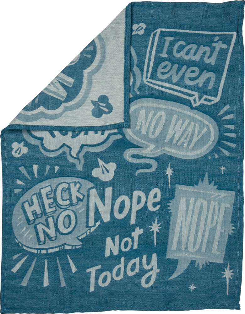 A blue dish towel featuring humorous quotes like 'Nope - Not Today' in a jacquard woven design, showcasing its ultra-soft texture.