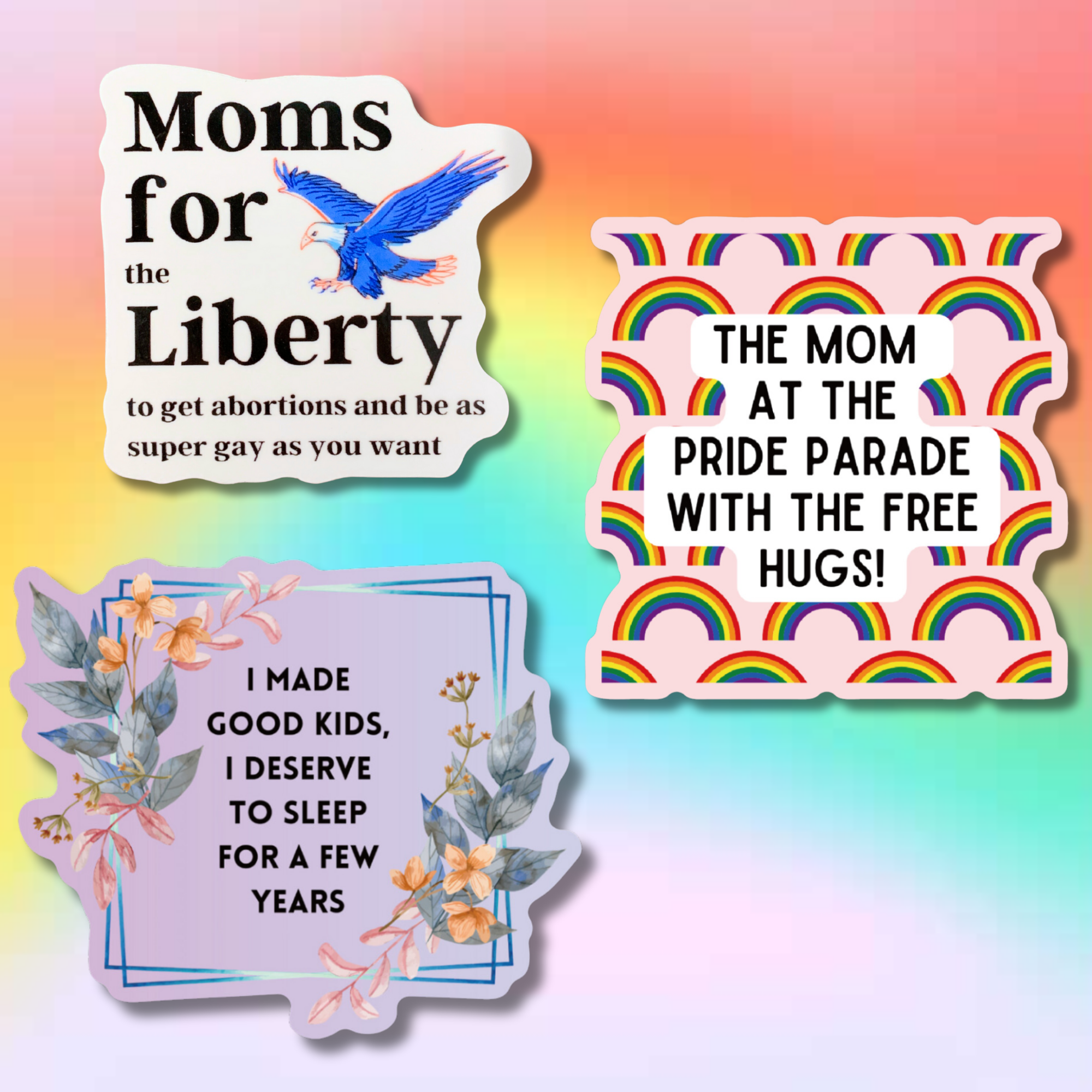 A colorful bundle of glossy die-cut vinyl stickers featuring fun phrases for cool moms, perfect for personalizing items.