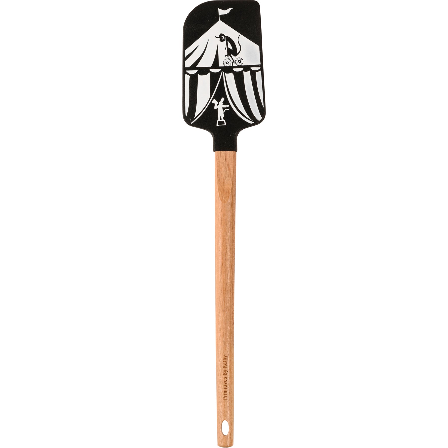 Not My Circus Not My Monkeys spatula with a wooden handle featuring circus monkey designs and a decorative ribbon for hanging.
