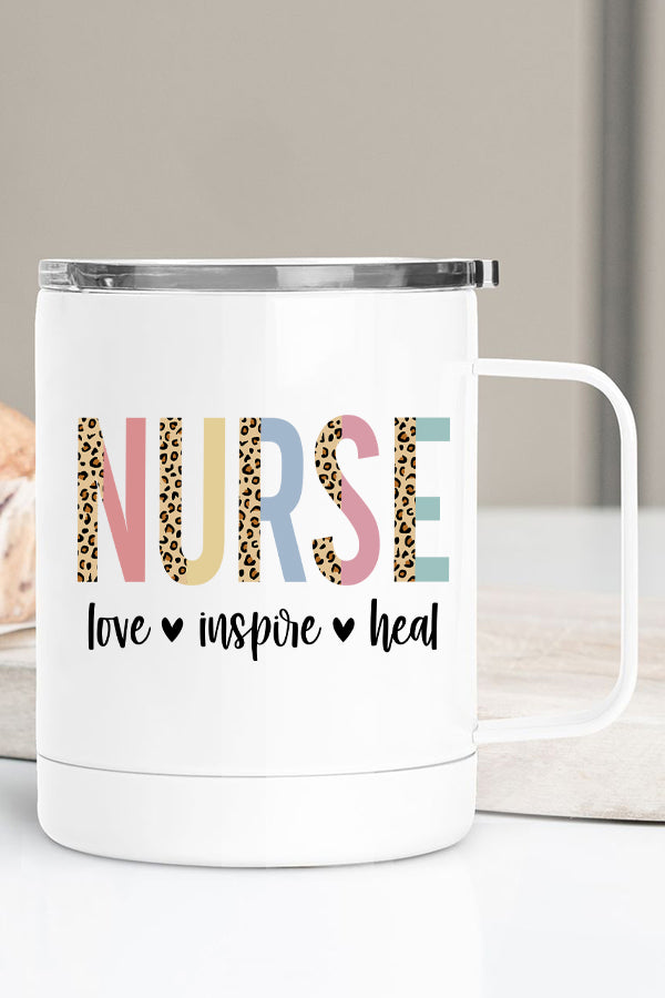 Nurse Love Inspire Heal Stainless Steel Coffee Travel Cup with double wall insulation and vibrant printed design.