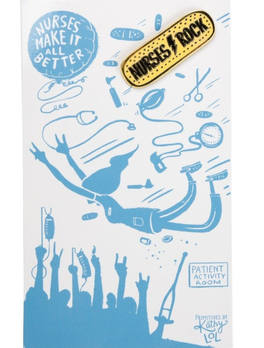 Nurses Rock Enamel Pin featuring a butterfly clip closure, displayed on a gift card that reads 'Nurses Make It All Better'.