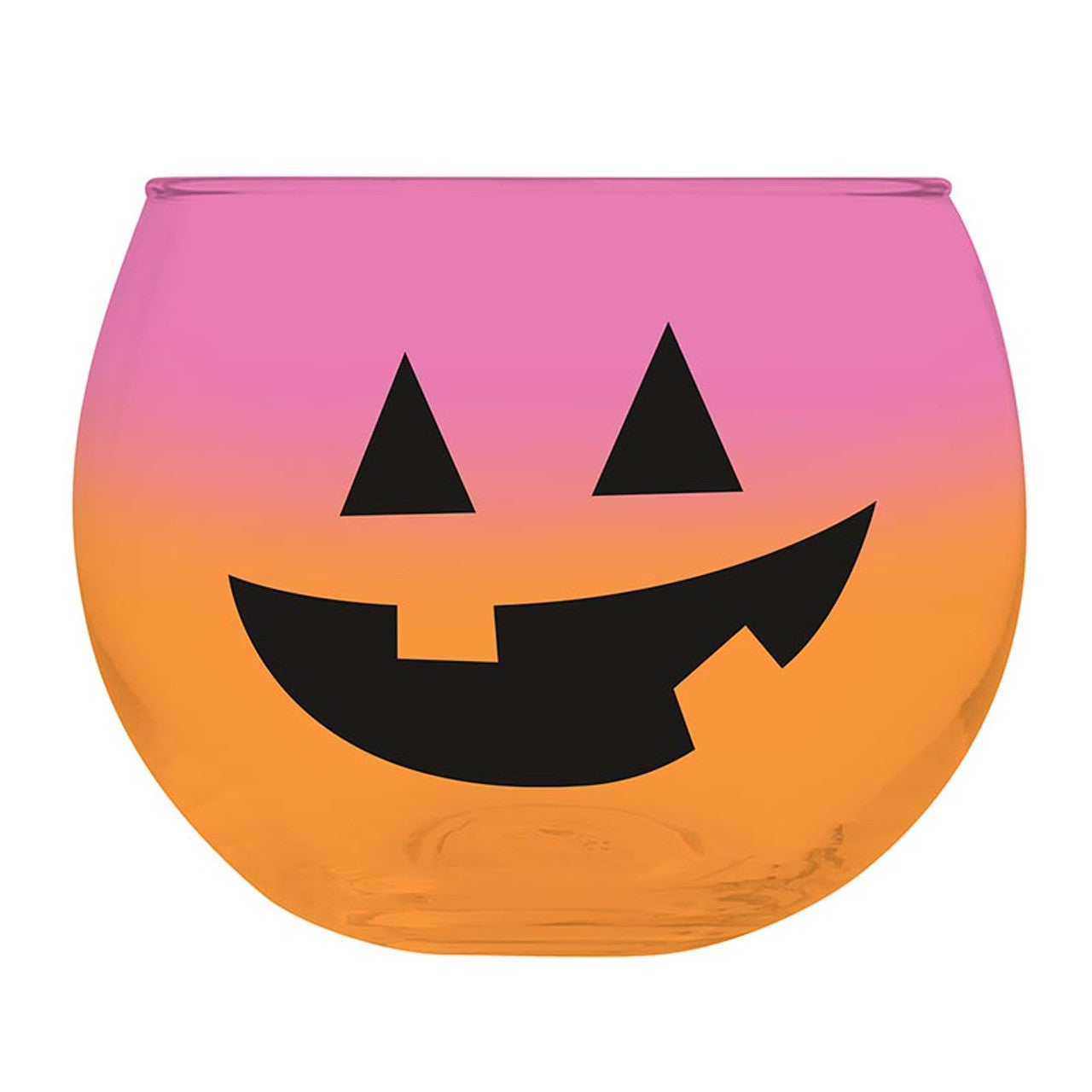 Ombre Jack-O'-Lantern Roly Poly Wine Glass featuring a playful pumpkin design, perfect for Halloween celebrations.