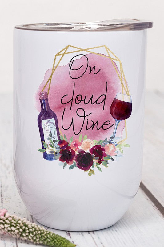 On Cloud Wine Graphic Wine Tumbler in stainless steel with a vibrant design printed on both sides, includes a lid and straw.