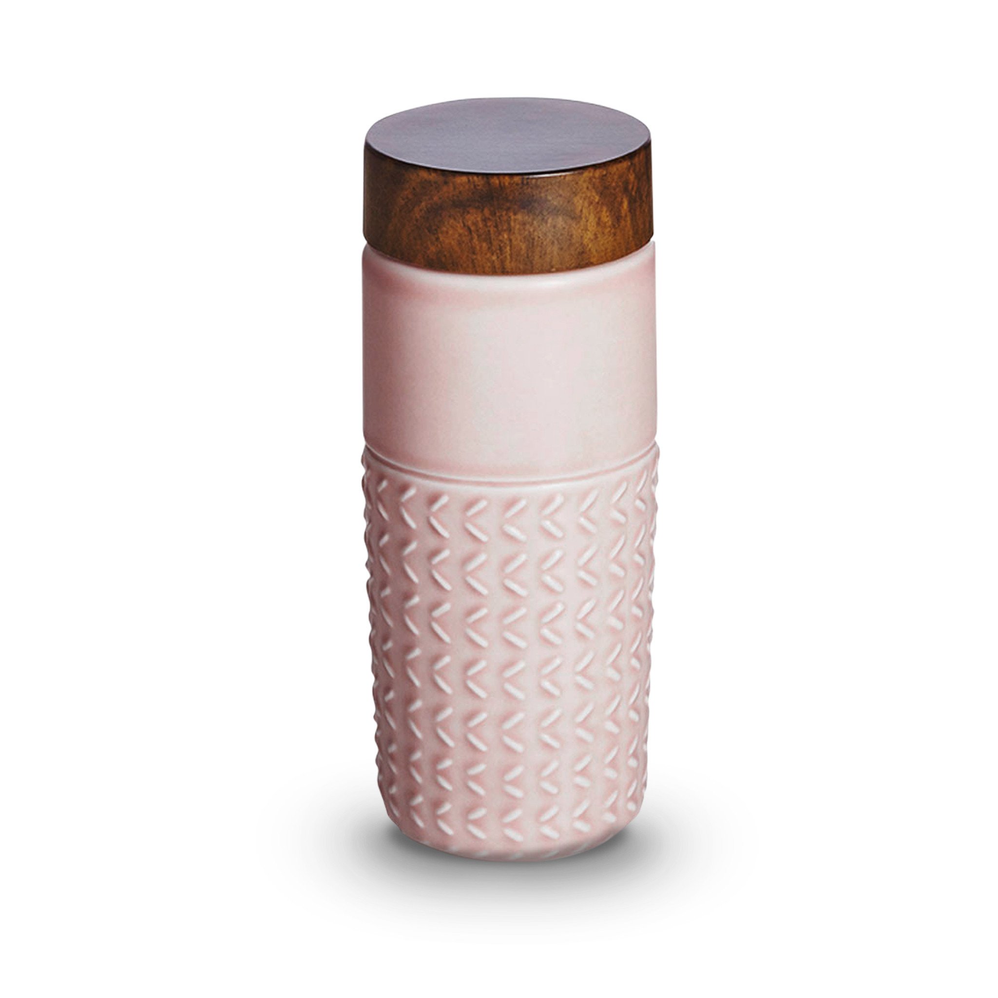 One-O-One Free Soaring Ceramic Tumbler showcasing its elegant design with raised starburst texture and walnut wood-effect lid.