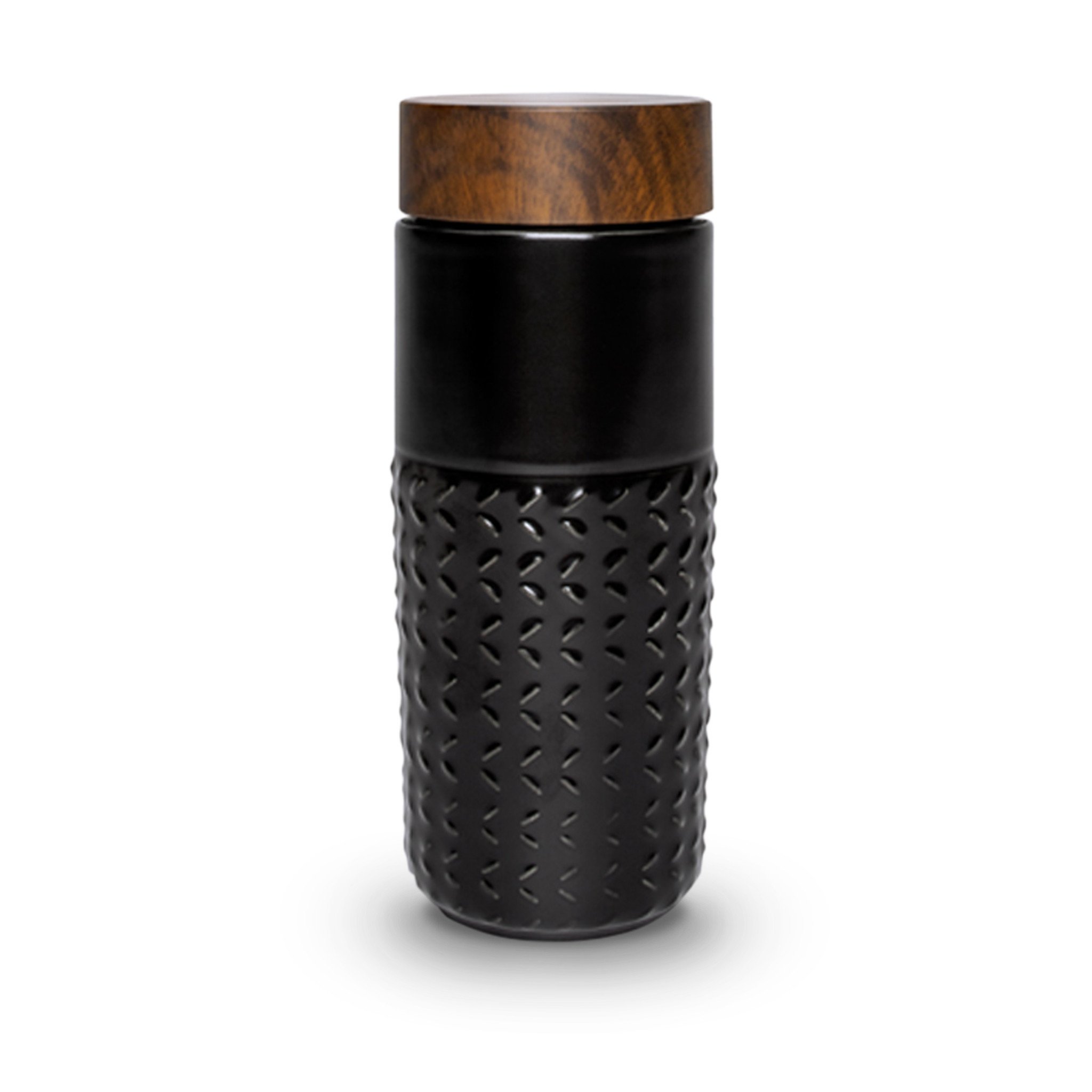 One-O-One Free Soaring Ceramic Tumbler showcasing its elegant design with raised starburst texture and walnut wood-effect lid.