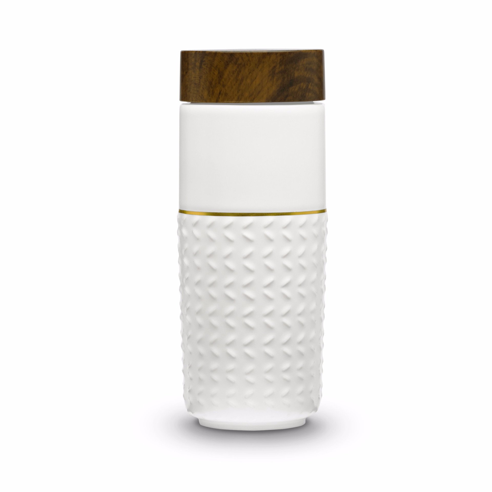 One-O-One Free Soaring Gold Line Ceramic Tumbler showcasing its elegant checkered design and walnut wood-effect lid, perfect for stylish beverage enjoyment.