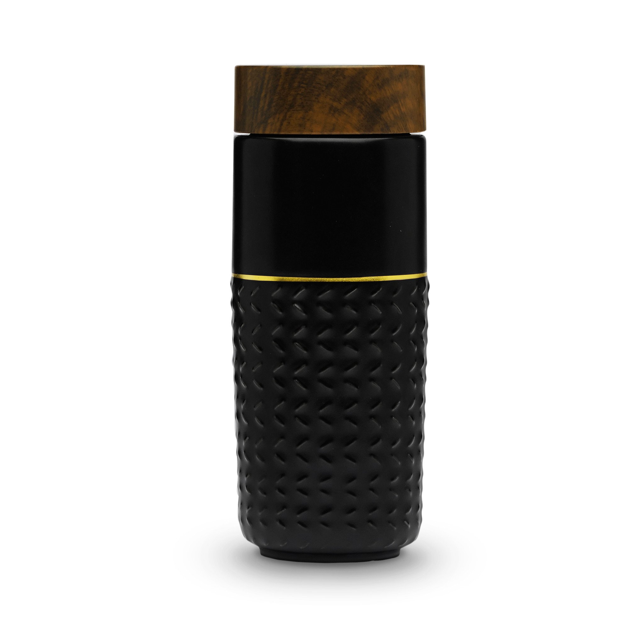 One-O-One Free Soaring Gold Line Ceramic Tumbler showcasing its elegant checkered design and walnut wood-effect lid, perfect for stylish beverage enjoyment.