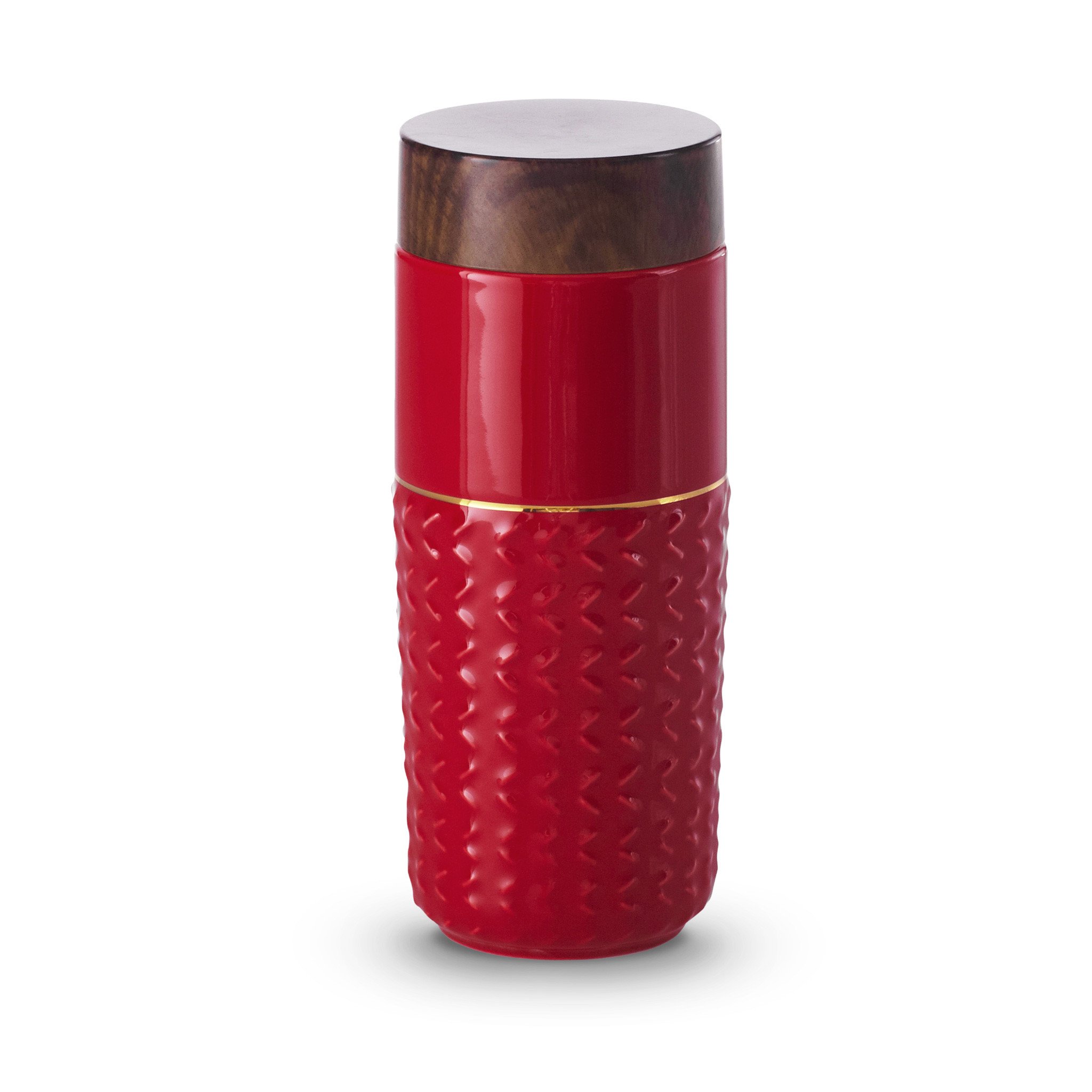 One-O-One Free Soaring Gold Line Ceramic Tumbler showcasing its elegant checkered design and walnut wood-effect lid, perfect for stylish beverage enjoyment.