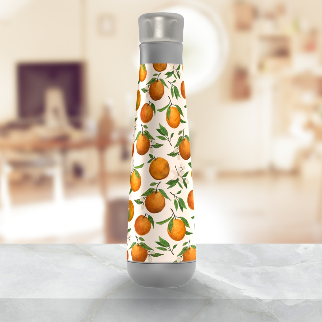 Orange Blossom Peristyle Water Bottle made of stainless steel with a screw-on lid, showcasing its vibrant color and sleek design.
