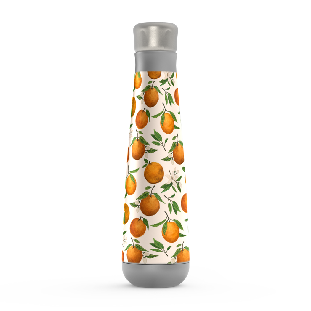 Orange Blossom Peristyle Water Bottle made of stainless steel with a screw-on lid, showcasing its vibrant color and sleek design.