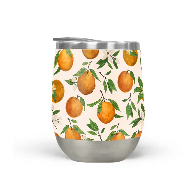 Orange Blossom Stemless Wine Tumbler made of stainless steel with a floral design, featuring a double-wall vacuum insulation for temperature control.