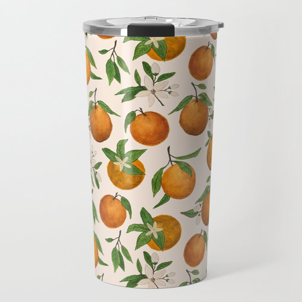 Orange Blossom Travel Mug with vibrant floral design, showcasing its stainless steel body and double-wall insulation.