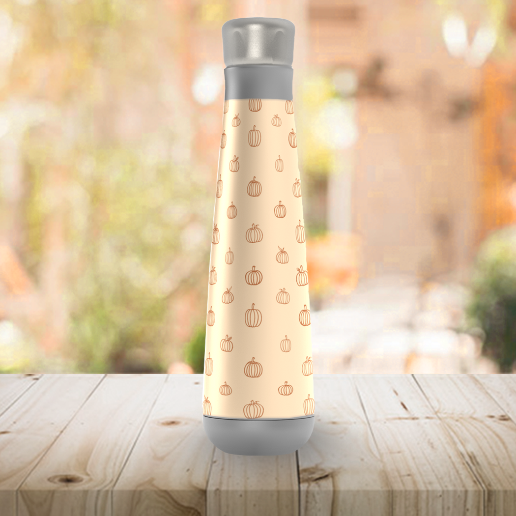 Orange Pumpkin Peristyle Water Bottle with stainless steel finish and screw-on lid, showcasing its vibrant design and vacuum insulation feature.