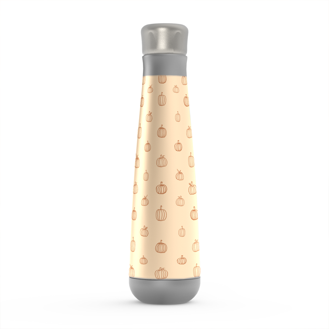 Orange Pumpkin Peristyle Water Bottle with stainless steel finish and screw-on lid, showcasing its vibrant design and vacuum insulation feature.