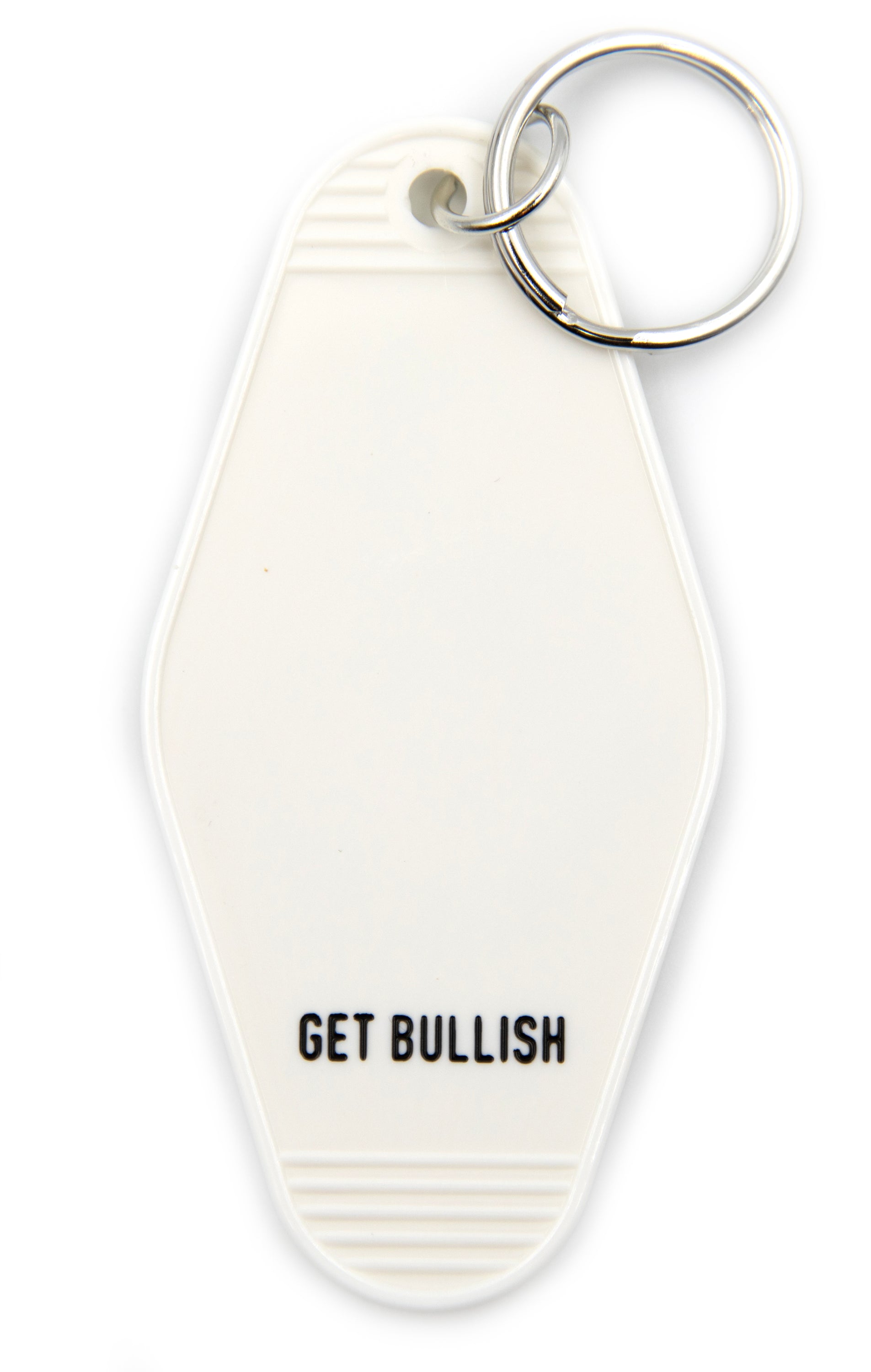 White motel-style keychain with black lettering stating 'OUT OF PATIENCE FOR DEEPLY DISAPPOINTING MEN IN UNMERITED POSITIONS OF AUTHORITY'.