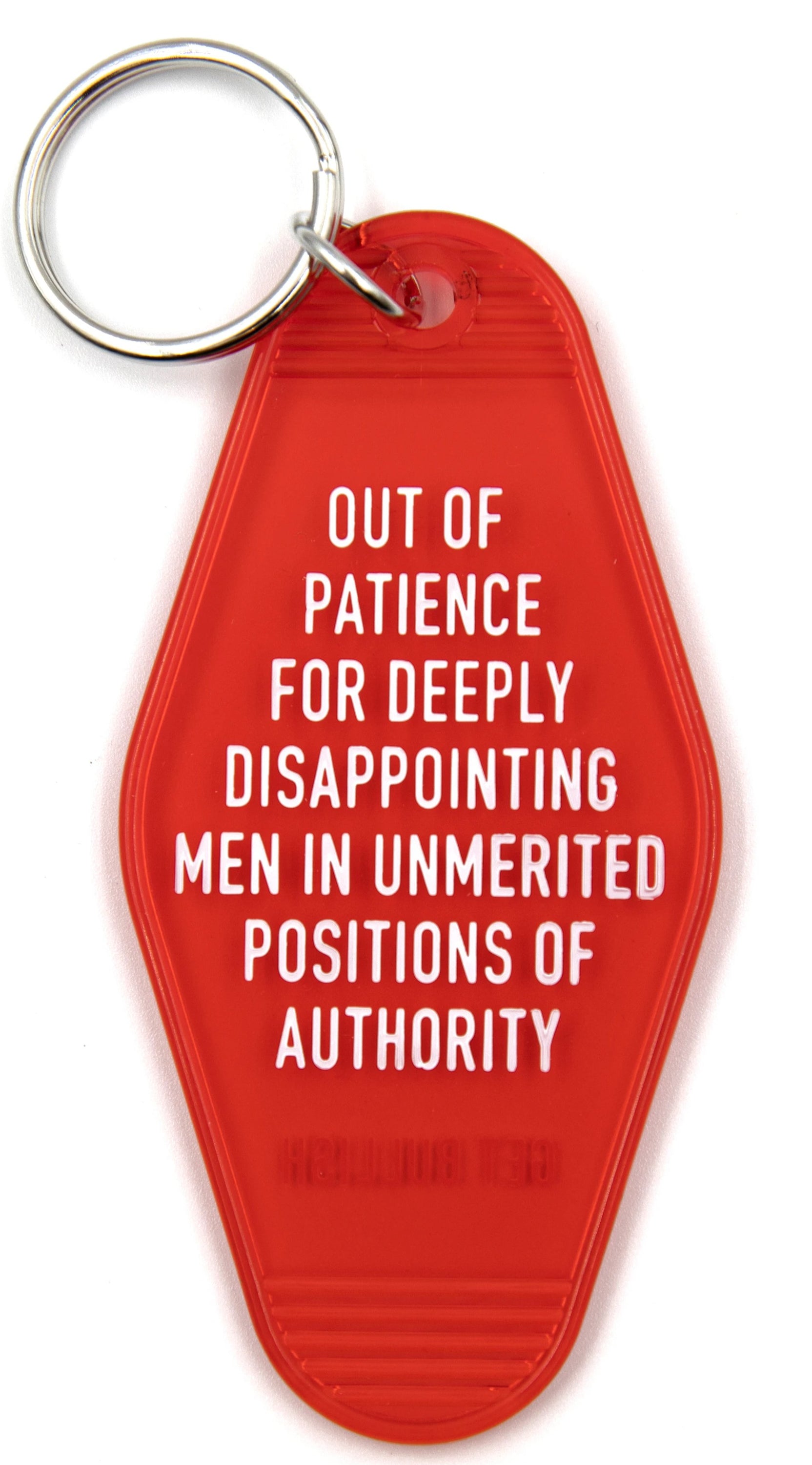 Out of Patience for Deeply Disappointing Men Motel Style Keychain featuring bold text on a classic motel key tag design.