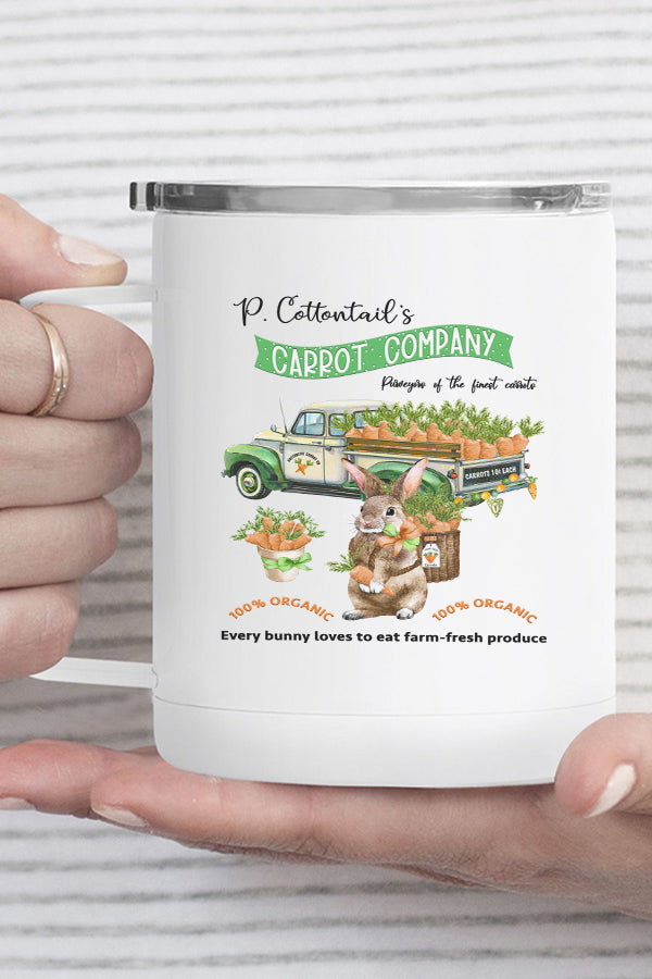 P Cottontail's Carrot Company Stainless Steel Coffee Travel Cup with vibrant design, double wall insulation, and secure lid.
