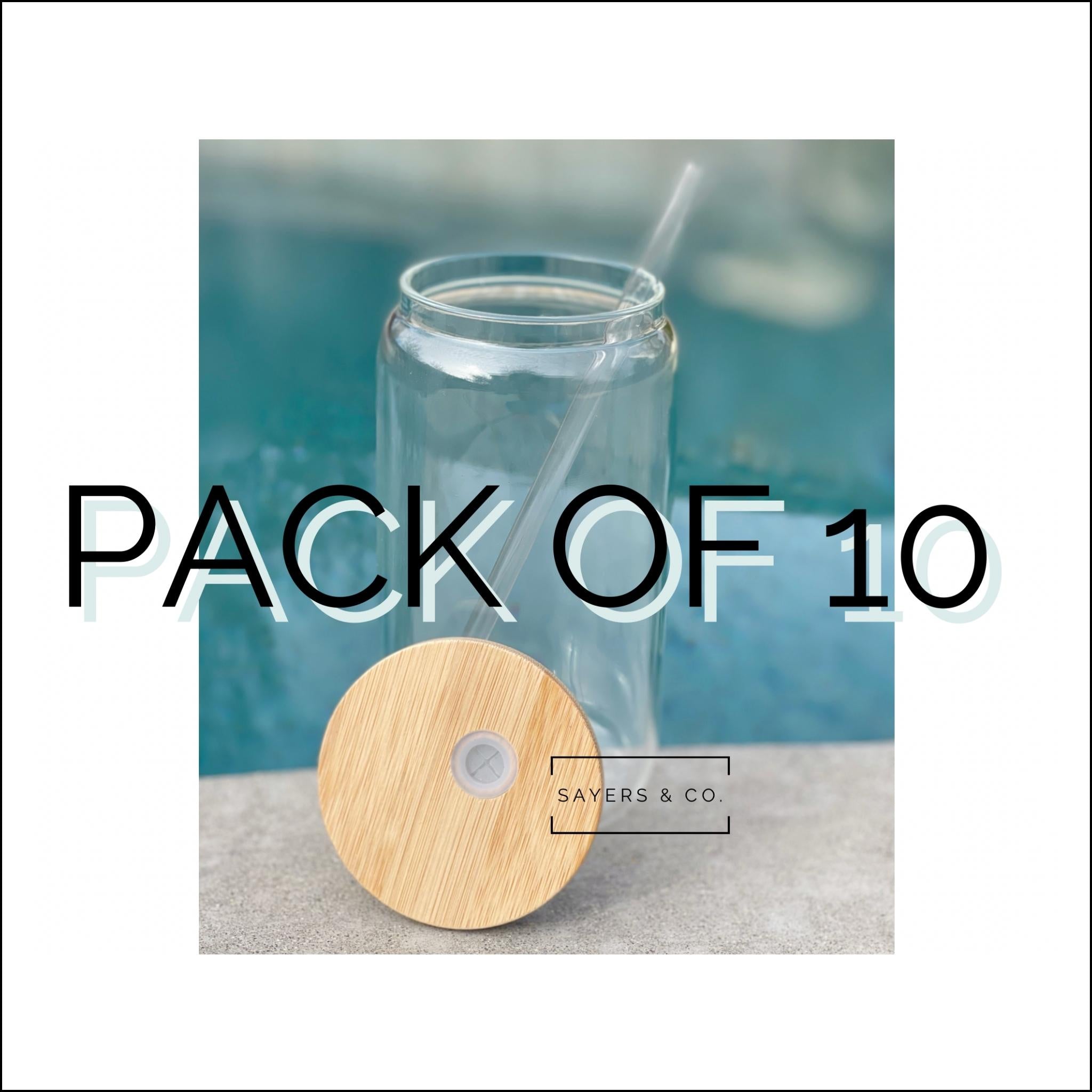 Pack of 10 sublimation glass cans with bamboo lids and straws, showcasing their clear design and eco-friendly features.