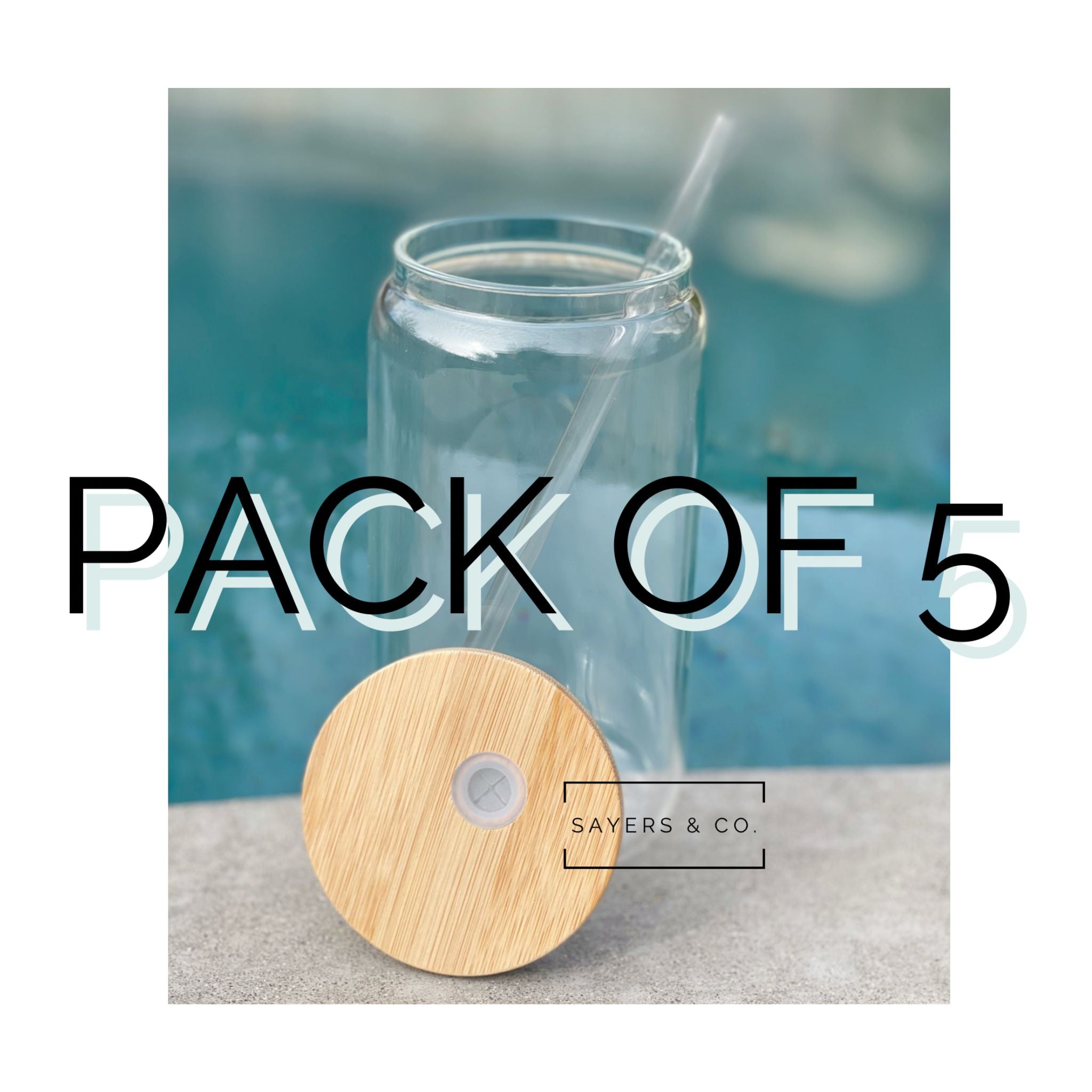 Pack of 5 sublimation glass cans with bamboo lids and straws, showcasing their elegant design and functionality.
