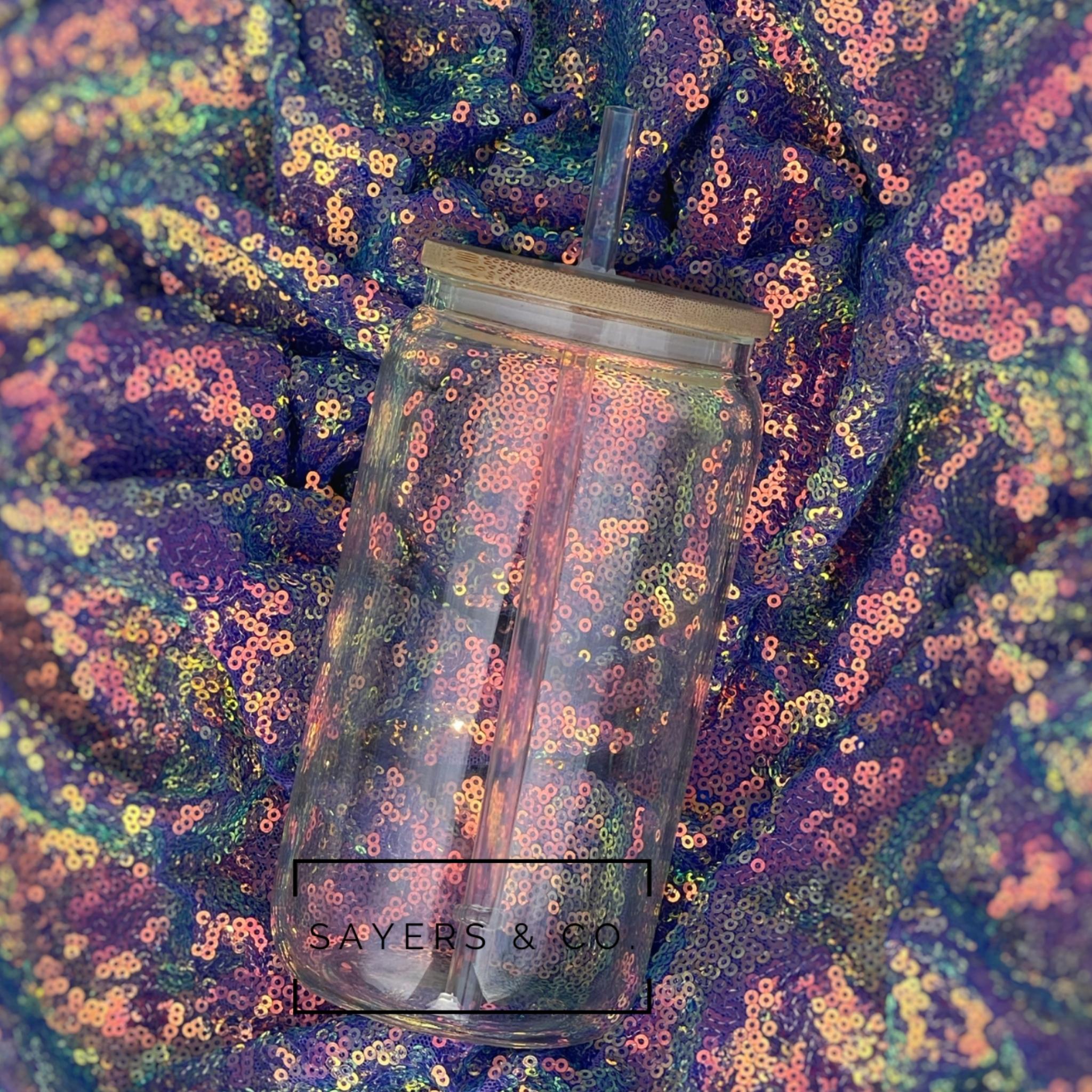 Pack of 5 sublimation glass cans with bamboo lids and straws, showcasing their elegant design and functionality.