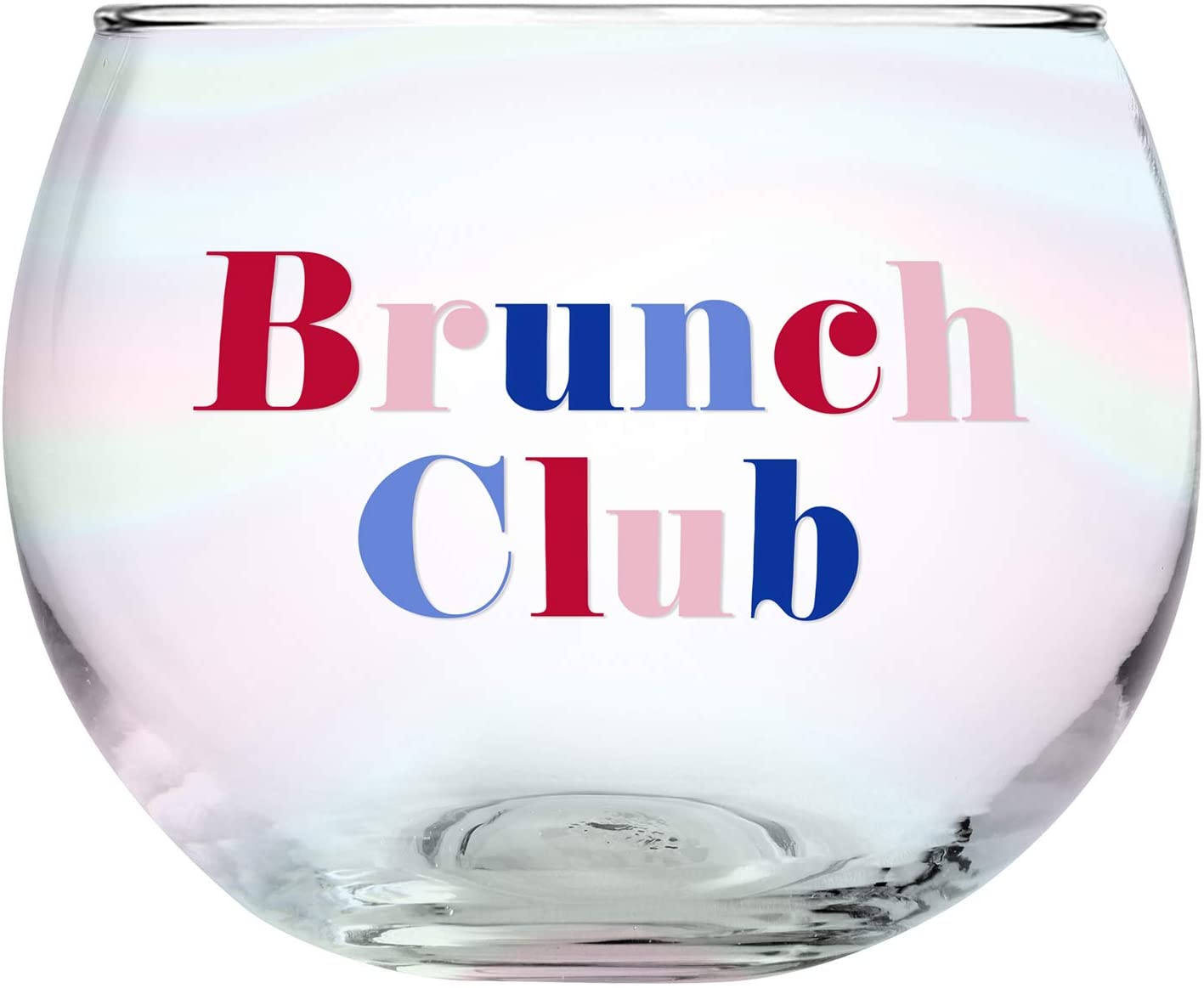 A set of six clear glass roly poly cocktail glasses with colorful 'Brunch Club' lettering, perfect for brunch gatherings.