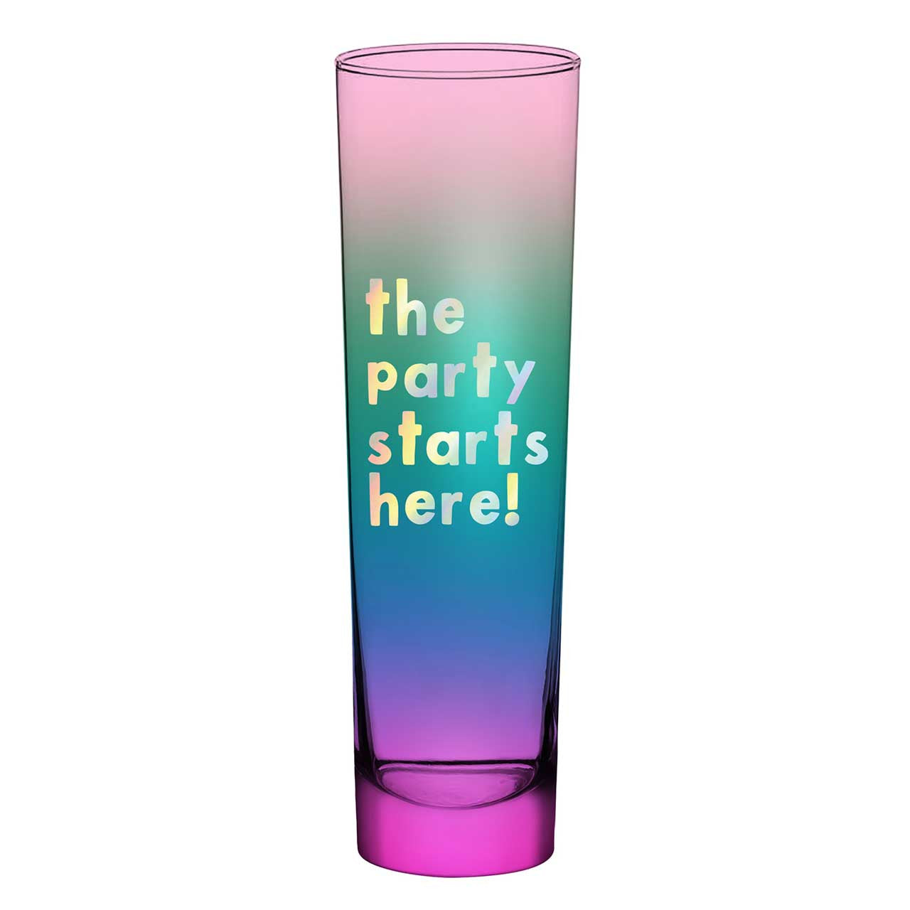 A stylish flat bottomed champagne glass flute with a pink to purple gradient, featuring the text 'The party starts here'.